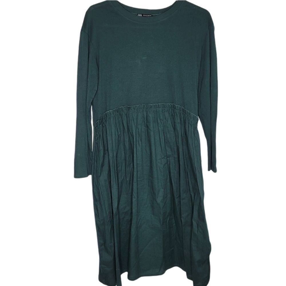 ZARA dress long sleeve forest green mixed media ruffle midi S